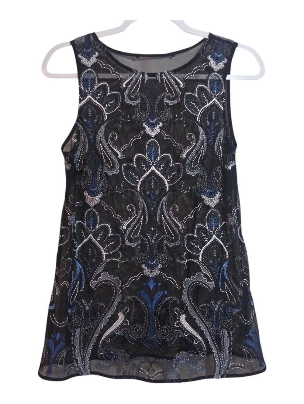 White House Black Market Embroidered Mesh Tank Top Black Blue Donatella Size S
